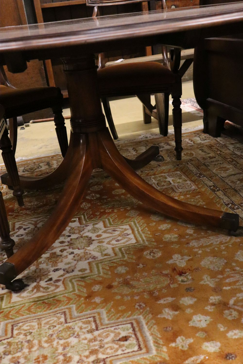 A Regency style mahogany circular tilt top breakfast table, 148cm diameter, height 69cm